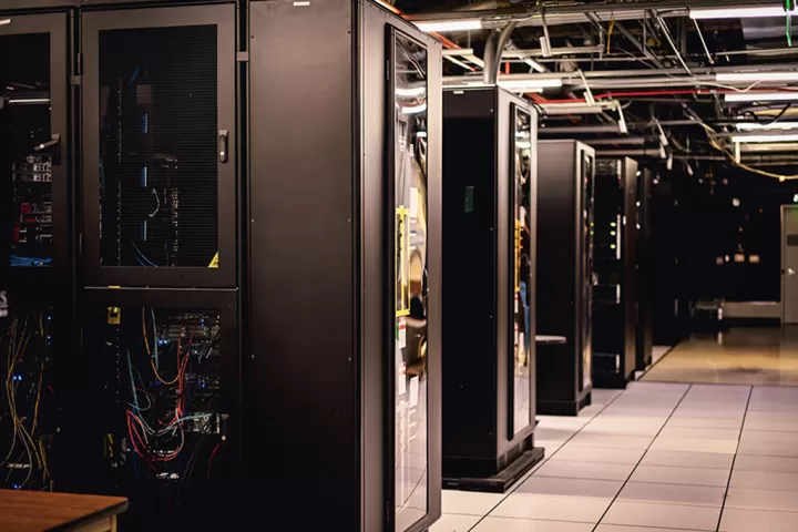 A server room with rows of server racks