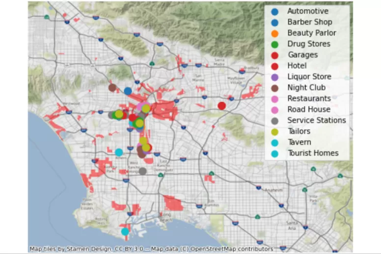 A city map with colored dots indicating various business types, and a legend listing them such as the following: Automotive, Barber Shop, Beauty Parlor, Drug Stores, Garages, Hotel, Liquor Store, Night Club, Restaurants, Road House, Service Stations, Tailors, Tavern, Tourist Homes.