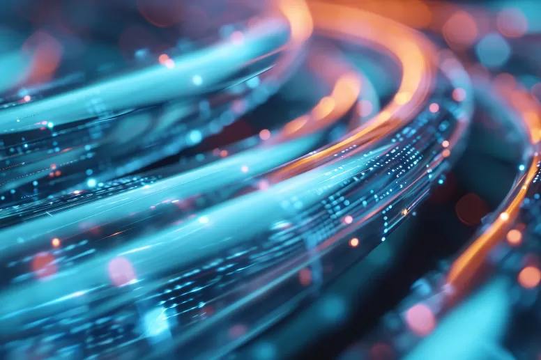 Data, represented as 1s and 0s, flowing through wires.