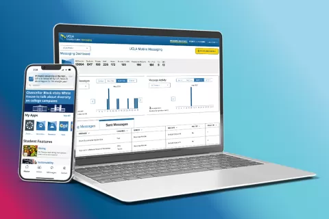 A cellphone and laptop open with the UCLA Mobile Messaging dashboard