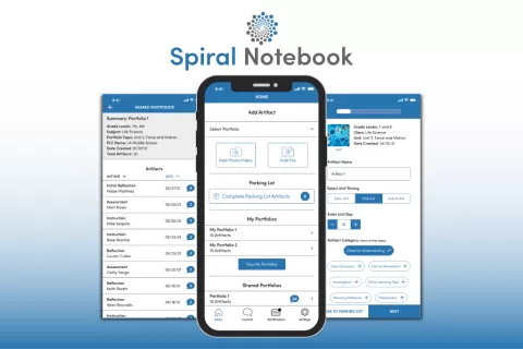 An app interface for "Spiral Notebook" displays three mobile screens showing portfolio and artifact management options.